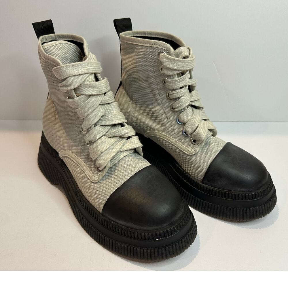 GANNI Creepers Lace Up Canvas Ankle Boots Women's EU 39 Gray Black Platform